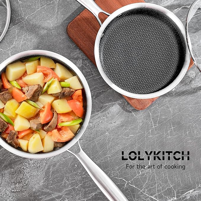 LOLYKITCH 2.5 QT Hybrid Tri-Ply Stainless Steel Non-Stick Saucepan with Lid,Induction Sauce Pot,Dishwasher and Oven Safe.