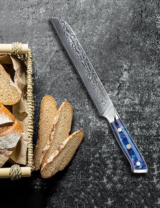 8” Bread Knife Serrated Kitchen Chef Knife- Damascus Steel & Resin Handle - Xuan Series (Sapphire Blue)