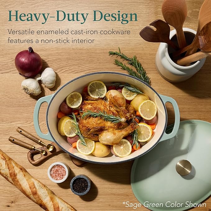 Best Choice Products Oval 7.5 Quart Enamel Cast-Iron Dutch Oven, Heavy-Duty Pre-Seasoned for Baking, Cooking w/Side Handles – Black Licorice