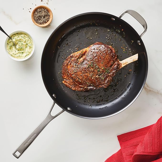 KitchenAid NITRO Carbon Steel Frying Pan/Skillet, Stainless Steel Handle, Compatible with All Cooktops, 12 Inch Fry Pan with Side Handle - Black