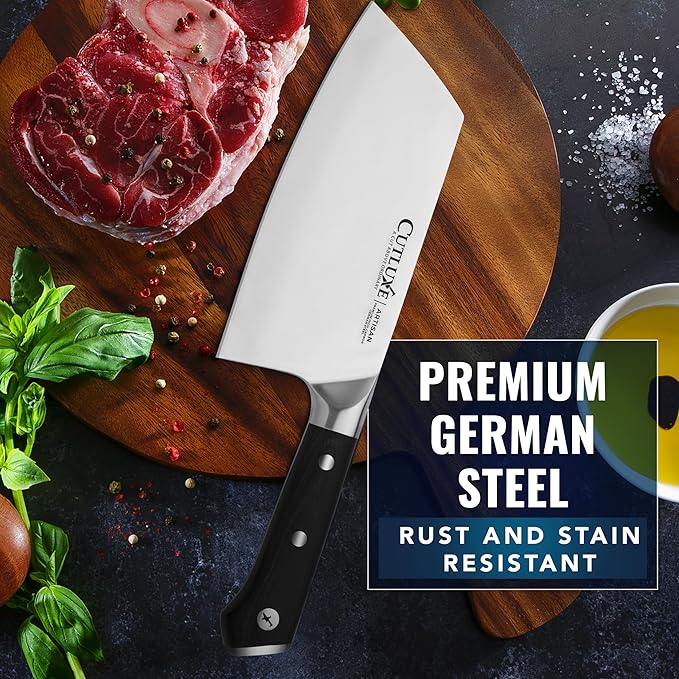 Cutluxe Meat Cleaver Knife - 7" Heavy Cleaver Butcher Knife, Razor Sharp German Steel Blade, Full Tang, Ergonomic Handle Design – Artisan Series