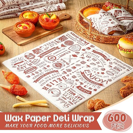 600 Pcs 12 x 12 Inch Deli Wax Paper Sheets Grease Resistant Tray Basket Liners Newsprint Paper Water and Grease Proof Sandwich Wrapping Square Hot Dog Wrappers for Food Baking (Brown on White)