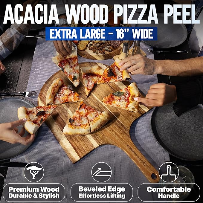 KitchenStar 16-inch Pizza Making Set, 6 PCS - Pizza Stone + Stainless Steel Rack, Acacia Wood Pizza Peel, Pizza Cutter Rocker + Protective Cover, Metal Brush - Oven & Grill Accessories Kit