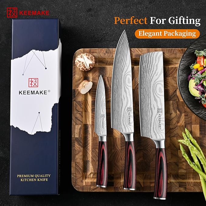 KEEMAKE Kitchen Knife Sets, 3 Pieces Professional Chef Knife Set with High Carbon Stainless Steel, Ultra Sharp Blade Kitchen Knives Sets with Ergonomic Pakkawood Handle & Gift Box