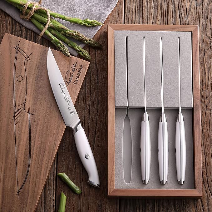 Cangshan Thomas Keller Signature Collection Swedish Powder Steel Forged, 4-Piece Fine Edge Steak Knife Set w/Walnut Box, White