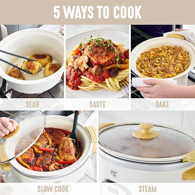 GreenLife 8QT Slow Cooker, Non-Toxic PFAS-Free Ceramic Nonstick Removable Interior Bowl, Programmable, Family Friendly, Keep Warm, Stovetop & Oven Safe, Dishwasher Safe Parts, Timer, Glass Lid, Cream