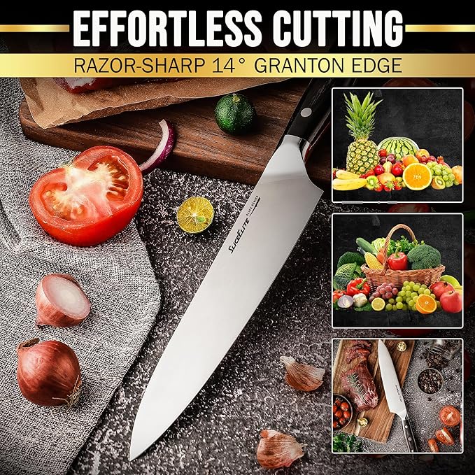 SliceElite Slice Series 8 Inch Chef Knife High Carbon German Steel Blade Pakkawood Handle Dual Sheath Sharp Cooking Knife for Meat Cleaver BBQ Kitchen Knife for Slicing Chopping Cutting Carving Tool