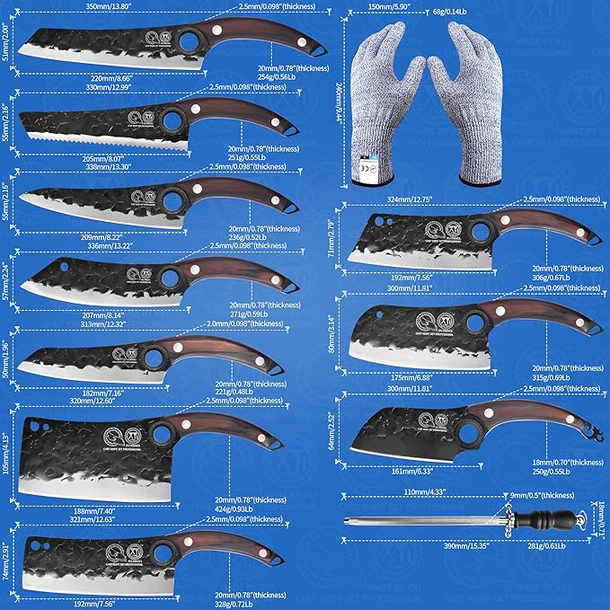 XYJ Professional Kitchen Knife Set with High-Carbon Steel Forged Blades, Chef's Knife, Cleaver, Carving Knife, Nakiri, Full Tang Design, Includes Carrying Bag & Poultry Scissors