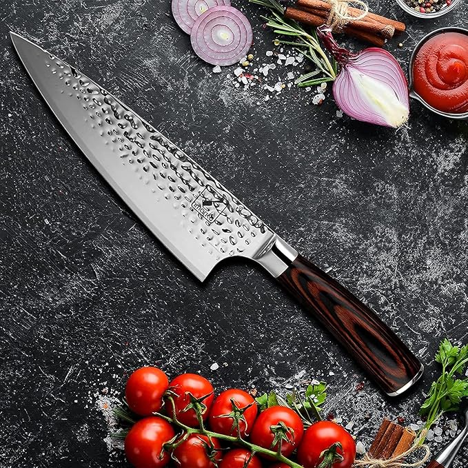 imarku Damascus Chef Knife, 8 Inch Kitchen Knife Ultra Sharp Cooking Knife HC German Stainless Steel Japanese Knife for Kitchen, Hand-Hammered Design, Ergonomic Handle, Christmas Gifts for Women Men