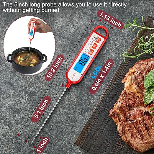 Digital Instant Read Meat Thermometer Waterproof Food Thermometer with 5.1 inch Long Probe for Food Cooking, Candy, BBQ, Liquid and Meat Temperature Measurement by GLVSAE (Red)