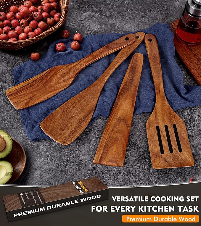 4Pcs Wooden Spatula for Cooking, Acacia Wooden Spatula for Kitchen Use, Nonstick Cookware Safe Utensils Set including Turner, Slotted Turner, Paddle and Scraper, Ideal Cooking Utensils Gift Set