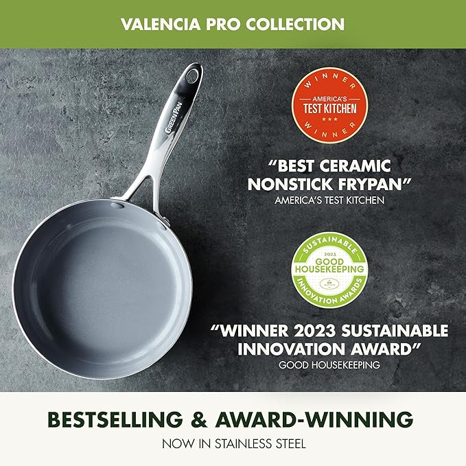GreenPan Valencia Pro Stainless Steel 12” Frying Pan Skillet, Induction Suitable Mirrored Tri-Ply, Ceramic Nonstick PFAS-Free, Multi Clad Cookware, Dishwasher Oven & Broiler Safe