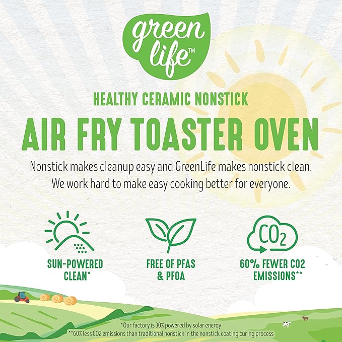 GreenLife Countertop Toaster Oven Air Fryer Stainless Steel, Healthy Ceramic Nonstick, PFAS Free, Tray & Basket, Bake, Broil, Reheat, Adjustable Temp & Time Control, Auto Shutoff, Turquoise