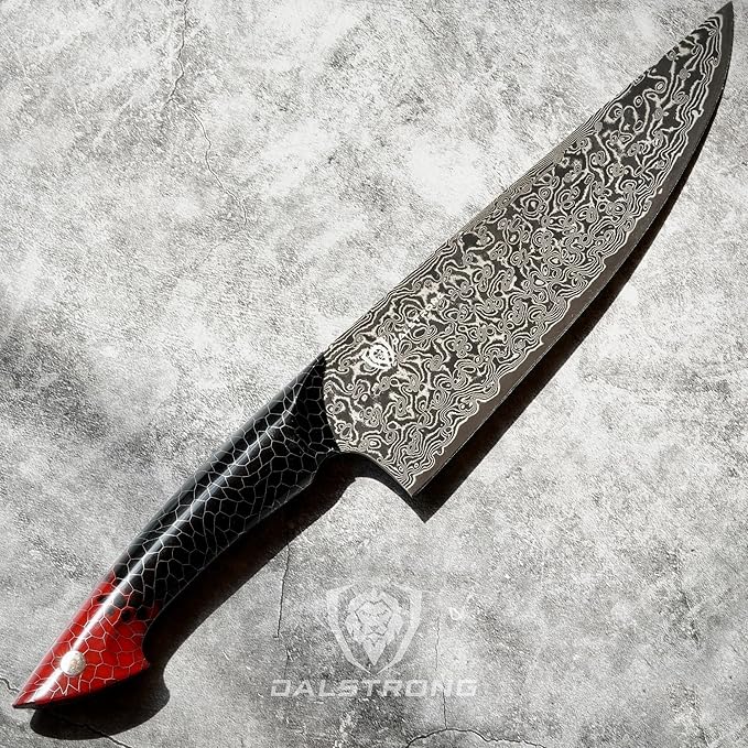 Dalstrong Chef Knife - 9.5” Scorpion Series - Exclusive Japanese V12 Ultra Steel - Black Damascus Chef Knife - Black & Red Honeycomb Resin Handle -Scorpion Kitchen Knives w/Chef Knife Sheath