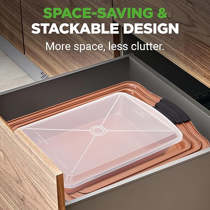 NutriChef 5‑Piece Non‑Stick Bakeware Set – Premium Carbon Steel Baking Pans Set with Silicone Handles, Stackable Oven Pan Set for Cookies, Sheet Cakes, & Roasting