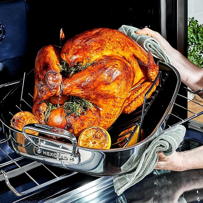 HexClad Hybrid Nonstick Roasting Pan with Rack, Dishwasher-Friendly, Oven-Safe Up to 900°F, Compatible with All Cooktops