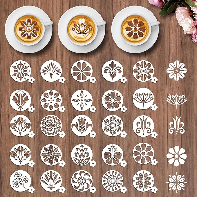 Mandala Flower Coffee Stencils - 25 Pcs Stencils for Cookies Sourdough Bread Decor, Reuable Template for Crafts Floral Design