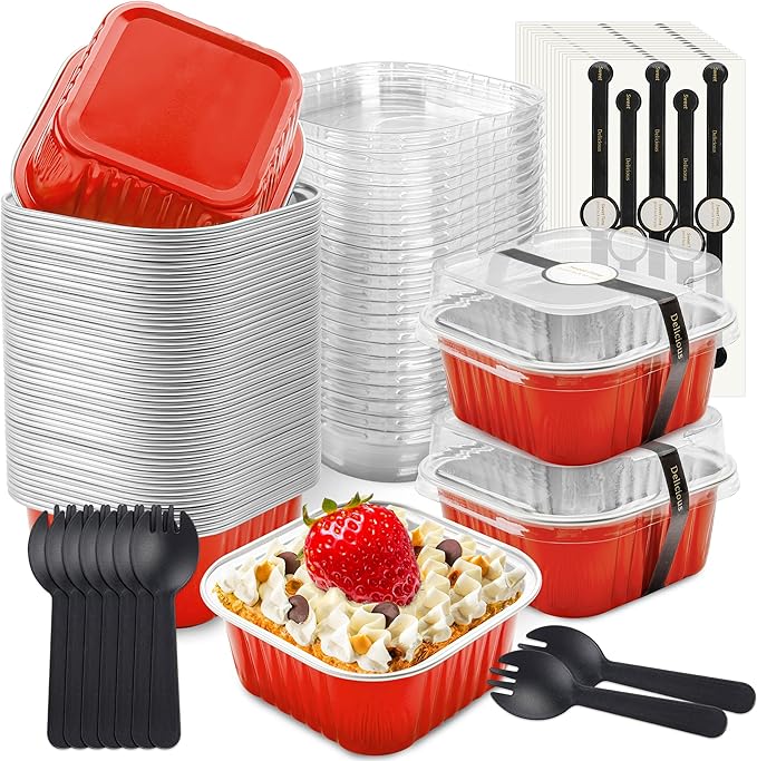 50 Pcs Mini Square Baking Cups with Lids and Spoons Aluminum Foil Mini Cake Pans with Lids Disposable Ramekins Cake Pans Dessert Cups for Wedding Birthday Party(Red,5oz)
