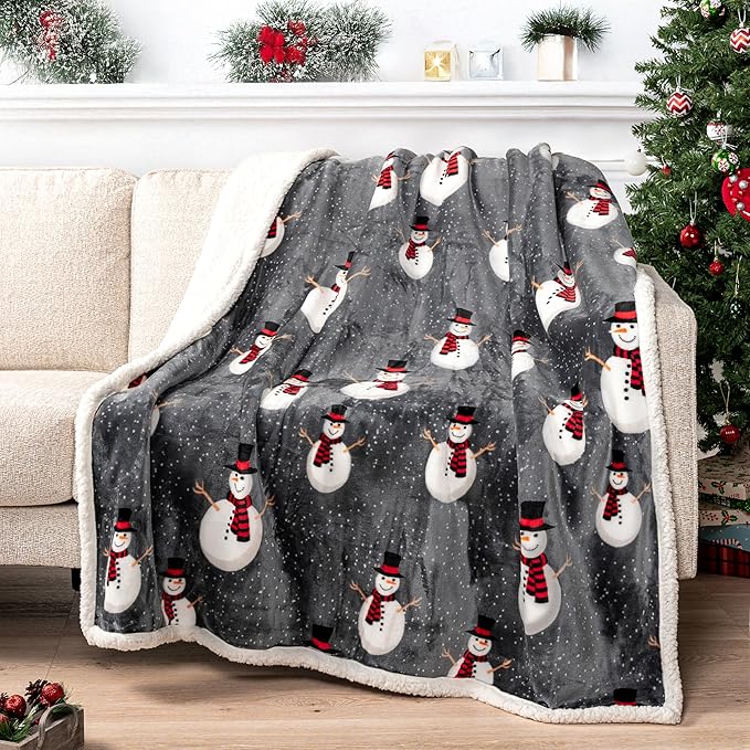 PAVILIA Premium Christmas Sherpa Throw Blanket | Snowman Decoration, Fleece, Plush, Warm, Cozy Reversible Microfiber Holiday Blanket 60x80