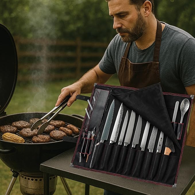 OuiChef Chef Knife Bag for 10 Knives & Utensils - Waxed Canvas & Vegan Leather - Travel Knife Case with Straps - Professional Chef Roll Bag