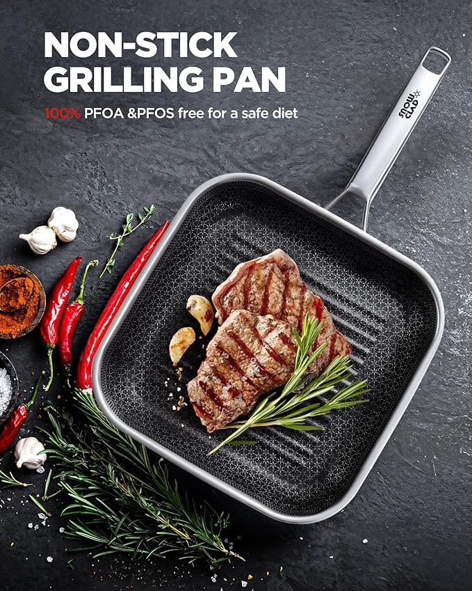 Nonstick Grill Pan,12 Inch Square Steak Grilling Pan for Indoor Cooking & Outdoor Grilling, Non Stick Stainless Steel Grill Skillet Steak Pan, PFOA Free cookware