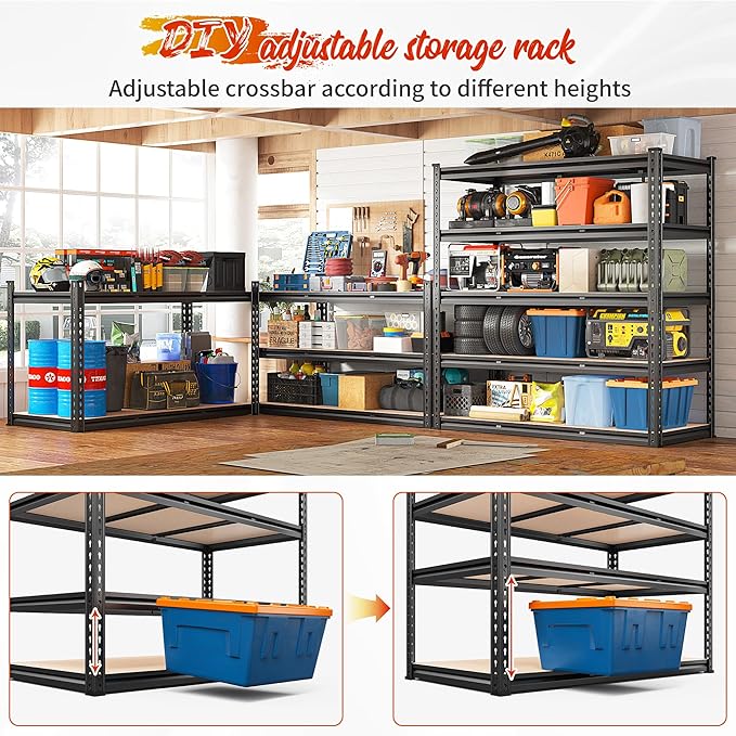 REIBII 48" W Garage Shelving 3020LBS Storage Shelves 5 Tier Heavy Duty Shelving Adjustable Garage Shelves for Basement, Warehouse, Commercial, Easy Assemble, 48" W x 72" H x 24" D