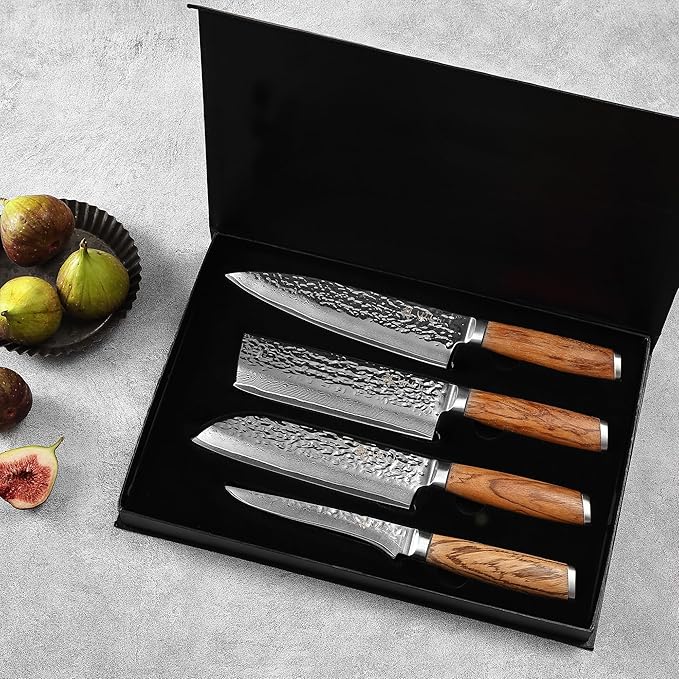 Wakoli Damascus Knife Block Set – 4-Piece Professional Chef Knife Collection with Magnetic Block | Genuine 67-Layer Damascus Steel Blades with VG10 Core | Ergonomic Zebrawood Handles