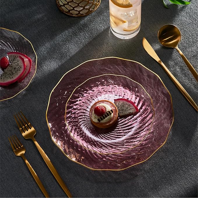 PLASTICPRO 60 Pack Plastic Plates Set of 30-10 inch Plates and 30-7 inch Plate, Elegant Clear Pink Spiral and Gold Rim Disposable Fancy Dishes Heavyweight