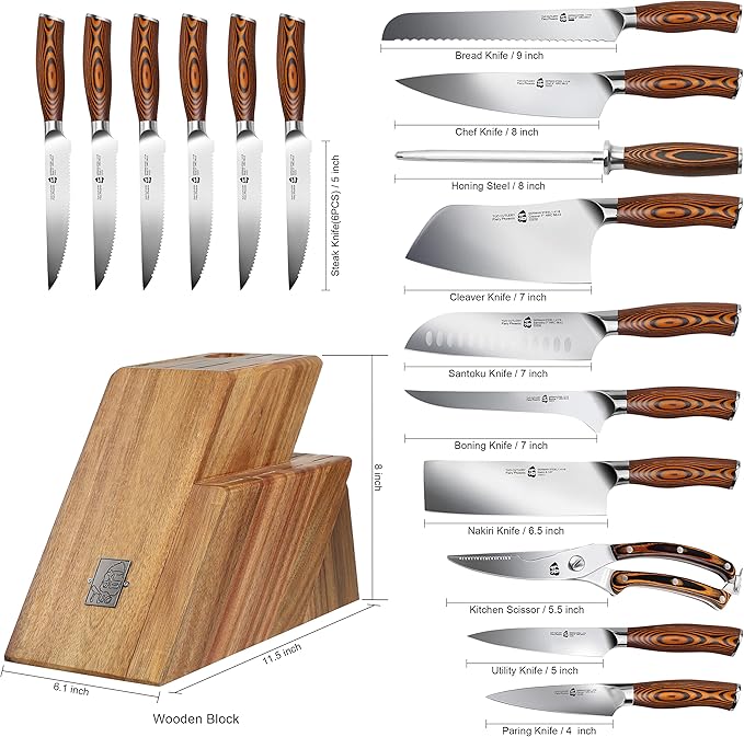 TUO 17 PCS Kitchen Knife Set for Kitchen with Block, German X50CrMov15 Steel Blade Knife Block Set, Full Tang Pakkawood Handle