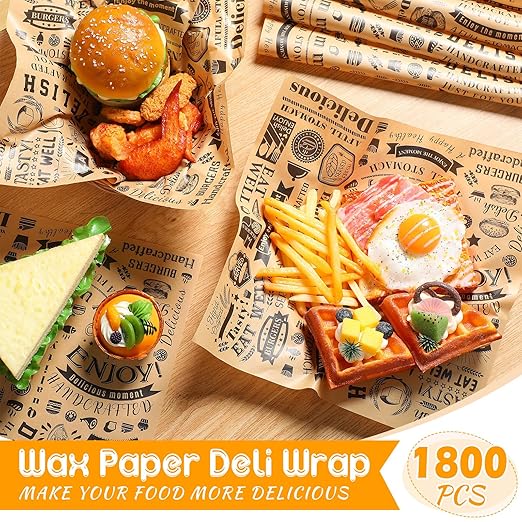 1800 Pcs 12 x 12 Inch Deli Wax Paper Sheets Grease Resistant Tray Basket Liners Newsprint Paper Water and Grease Proof Sandwich Wrapping Square Hot Dog Wrappers for Food Baking (Brown)