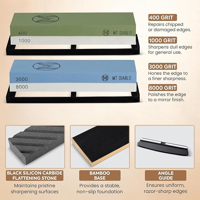 Mt Diablo Knife Sharpener Stone Kit for Chefs & Woodworkers: Dual-Grit Whetstones 400/1000 & 3000/8000, Premium White Corundum, Knife Sharpening Kit with Bamboo Base & Angle Guide, Flattening Stone