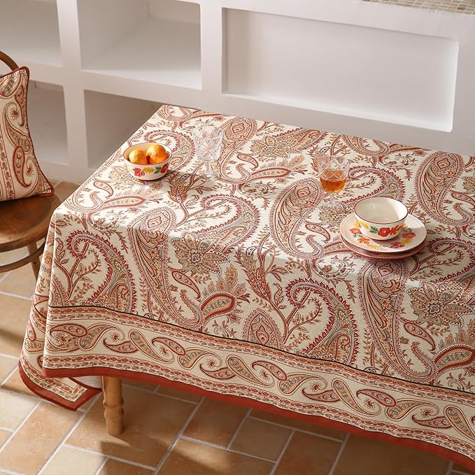 ISAENNE Designer French Red Long Tablecloth Rectangle,Linen Table Cloth with Cashew Pattern,Stain Proof Decor Tablecloths for Dining Thanksgiving Kitchen Christmas,63"*94"-Chauffrey D