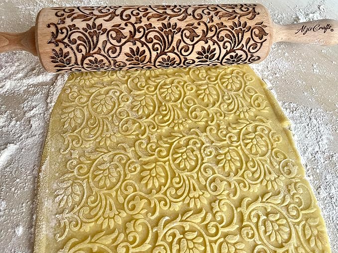 FLOWERING VINE Embossing Rolling Pin. Laser Engraved Dough Roller with Climbing Flowers Pattern for Embossed Cookies or Pottery by Algis Crafts