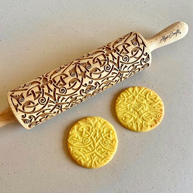 FLEUR DE LIS KNOT Embossing Rolling Pin. Dough Roller with Shamrock Pattern for Homemade Cookies and Pottery by Algis Crafts