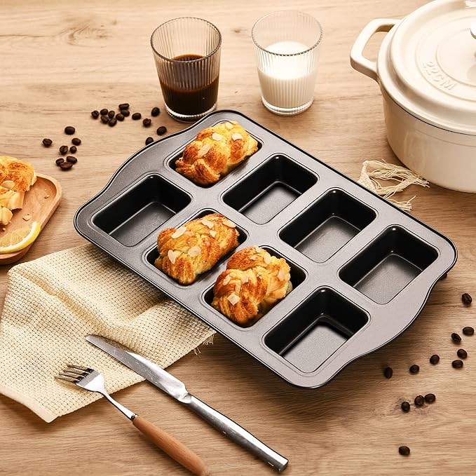HONGBAKE Mini Loaf Baking Pans, Nonstick Small Cornbread Pan, Tiny Banana Bread Pan, Heavy Duty Carbon Steel Brownie Tin, 8-Cavity, Dark Grey