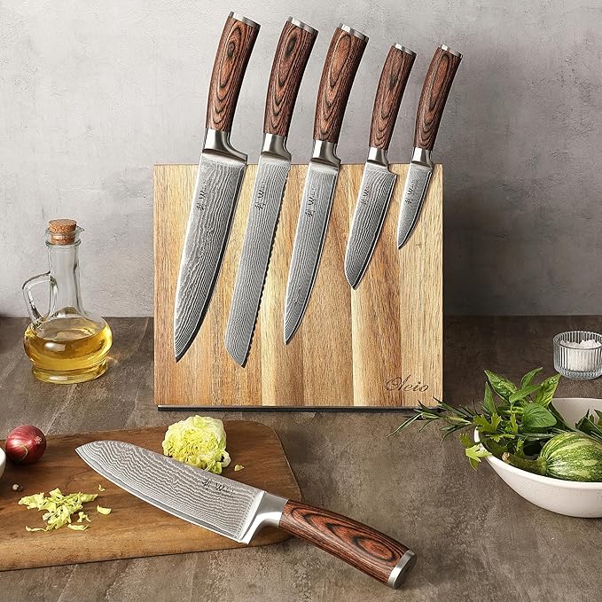 Wakoli EDIB 6-Piece Damascus Knife Block Set – Professional Japanese Style Kitchen Knives with Magnetic Acacia Block | Genuine Damascus Steel Blades with VG10 Core | Ergonomic Pakkawood Handles