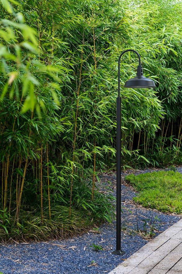 Steel Lighting Co. Gardena Barn Light | Outdoor Pole Top Mounted | 16" Dome | Upslope Gooseneck with Slip Fitter for 2-3/8" Standard Poles | Made in America | Matte Black Exterior/White Interior