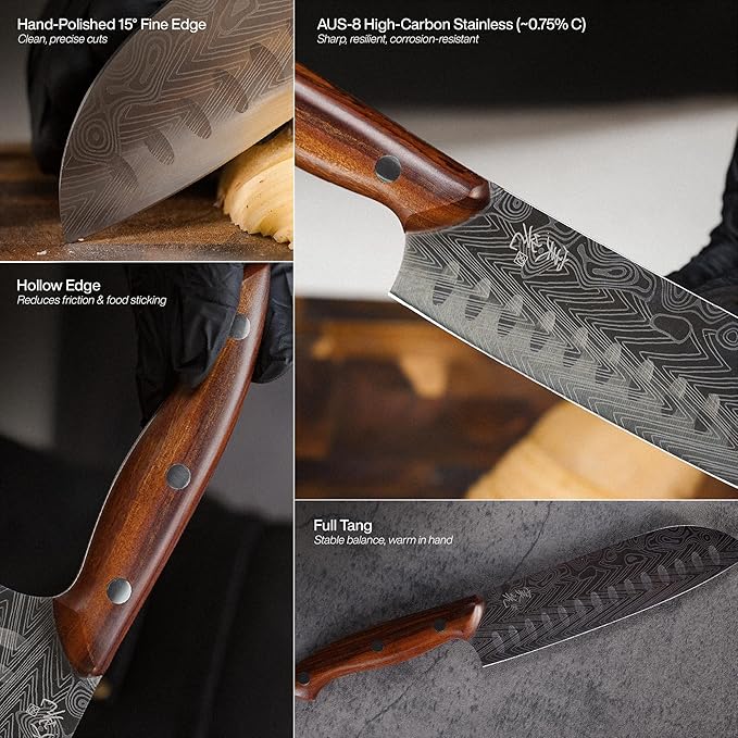 Jikko® Bushido Edition – Japanese Santoku Knife 7" | AUS-8 High-Carbon Stainless Steel with Hollow Edge & Rosewood Handle – Razor Sharp 15° Blade, 3× Edge Retention, Premium Chef’s Knife