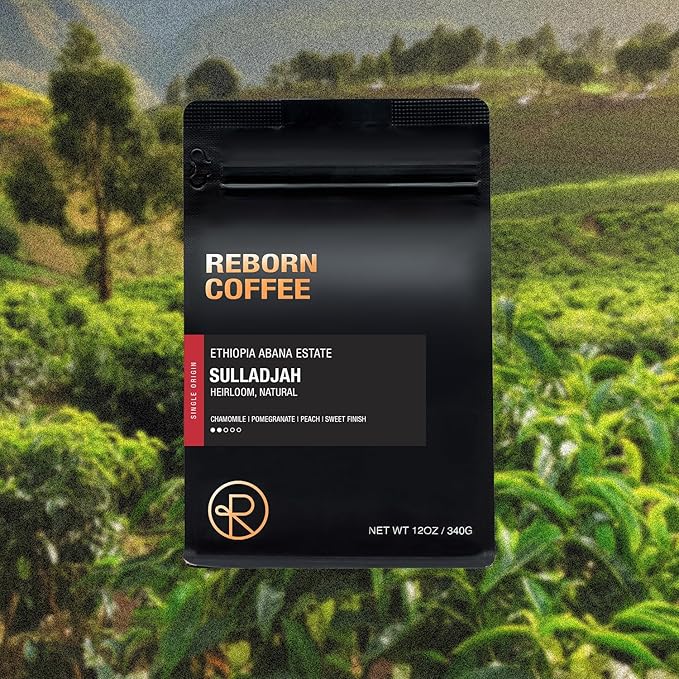 Reborn Coffee Specialty Whole Bean Coffee, Medium Roast, 12 Ounce, Ethiopia Abana Estate Sulladjah, Flavor Notes of Chamomile, Pomegranate, Peach, and Sweet Finish