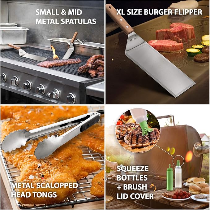 Metal Spatula Set of 6 - Griddle Accessories kit - Grill Flat Spatula Pancake Flipper Hamburger Turner - Metal Utensil Great for BBQ Grill Flat Top Cast Iron Griddle
