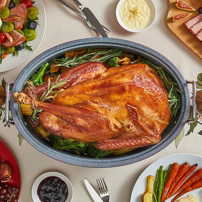 BRONYPRO Roasting Pan with Rack, 18-Inch Granite Roaster with Lid, 20 lb Capacity for Turkey, Chicken, and Vegetables, Light Gray