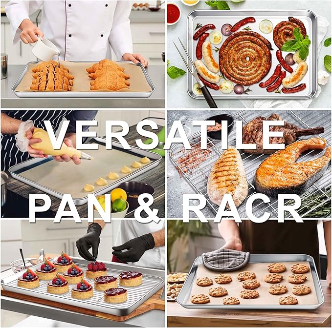19.6 Inch Baking Sheet Pan with Rack Set, Joyfair Stainless Steel Toaster Oven Pans Tray & Cooling Racks for Cookie/Jelly Roll/Bacon/Meat, Commercial Metal & Rust-free, Dishwasher Safe