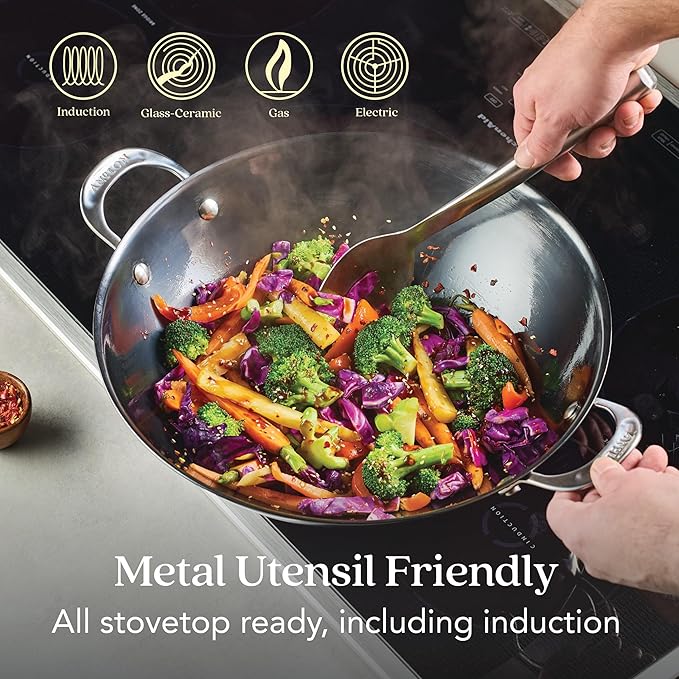Anolon Everlast N2 Carbon Steel Wok/Stir-Fry Pan, Compatible with All Cooktops, Metal Utensil Safe, 14 Inch - Black
