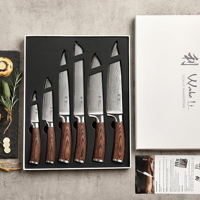 Wakoli EDIB 6-Piece Damascus Knife Block Set – Professional Japanese Style Kitchen Knives with Magnetic Acacia Block | Genuine Damascus Steel Blades with VG10 Core | Ergonomic Pakkawood Handles