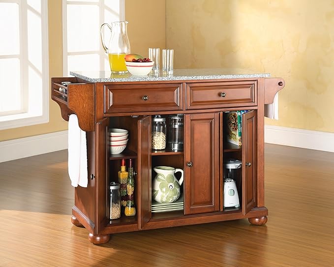 Crosley Furniture Alexandria Granite Top Rolling Kitchen Island Storage Cart, Microwave Stand, Spice Rack, Cherry