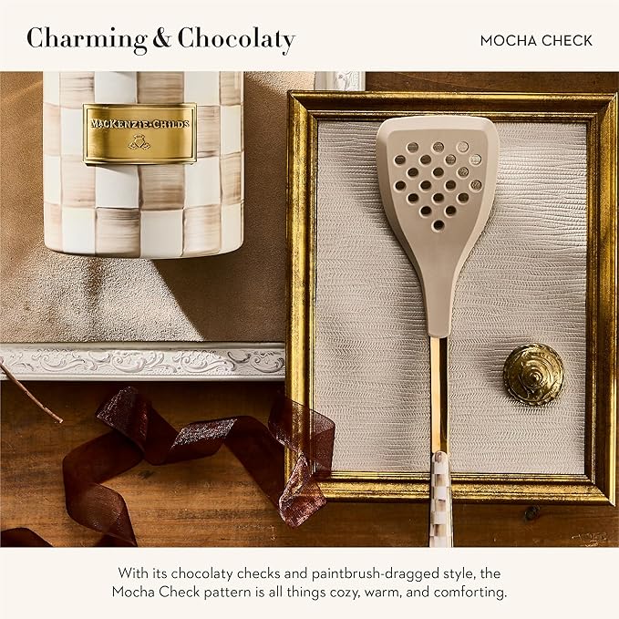 MACKENZIE-CHILDS Slotted Kitchen Spatula, Silicone Spatula for Cooking, Brown-and-White Mocha Check