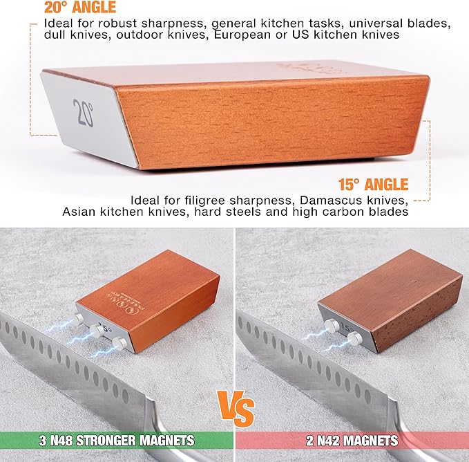 Rolling Knife Sharpener Kit for Kitchen – Chef Knife Sharpening Tool with 15° & 20° Magnetic Angle, Wooden Roller Base, Diamond Discs – Easy Manual Sharpener System