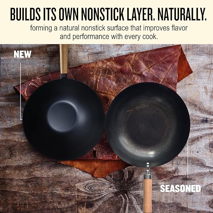 Alva Forest Naturally Nonstick Carbon Steel Wok Pan 12" - Acacia Wood Handle, Pre-Seasoned and Made without PFAS, PFOA & PTFE - Induction and All Stovetop Compatible with Even Heat Distribution