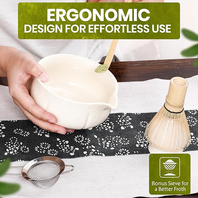 Matcha Whisk Set – 5 Piece Japanese Matcha Tea Set w/Ceramic Matcha Bowl, 100-Prong Bamboo Whisk & Holder, Scoop, & Stainless Sifter – Traditional Matcha Making Kit (Off-White)