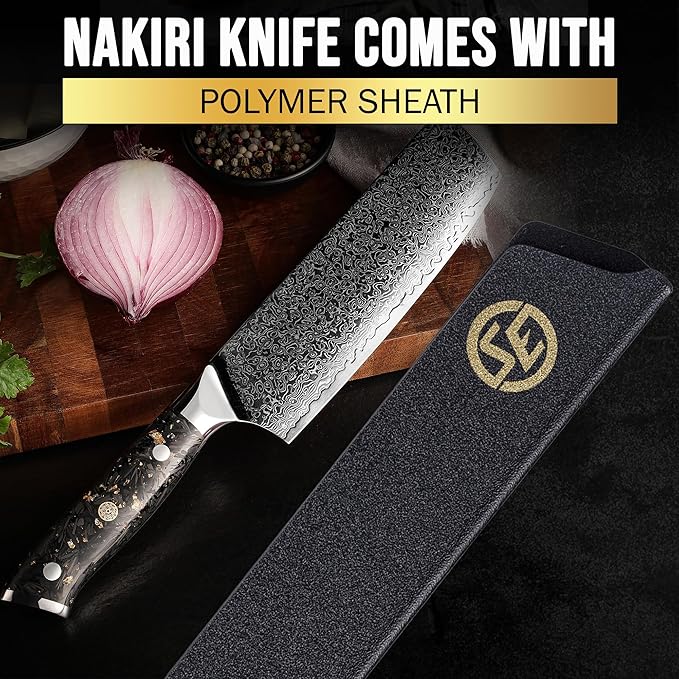 SliceElite Elite Series 7 Inch Nakiri Knife Damascus VG10 Core Forged Carbon Fiber Handle Polymer Guard Japanese Chef Vegetable Chopping Cleaver Kitchen Knife Sharp Cutting Cooking Tomato Butcher Tool